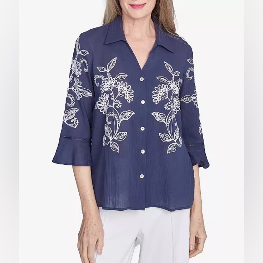 Alfred Dunner Navy Embroidered Cotton Nantucket Marine Top Size Medium Petite